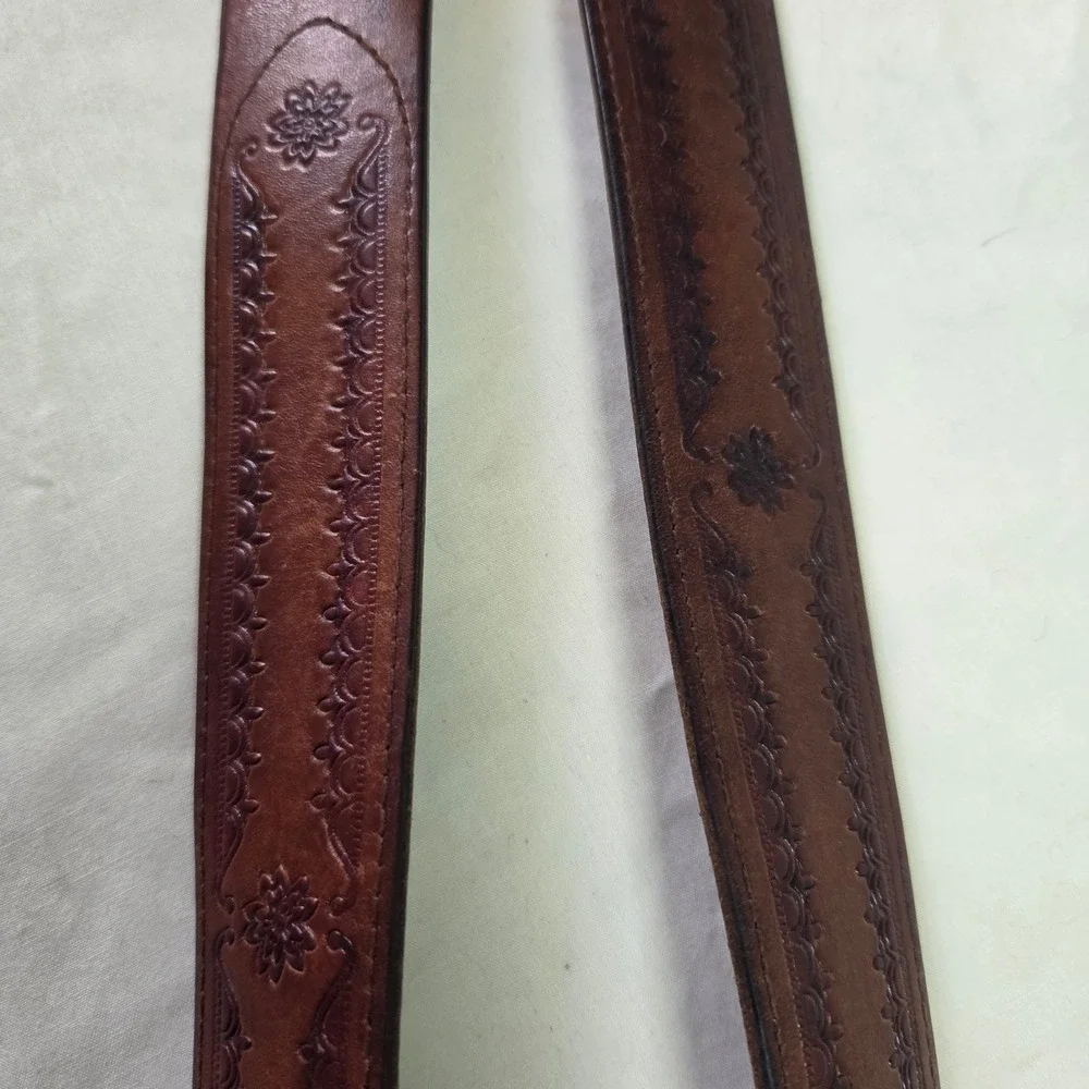 Vintage Brown Tooled Leather Belt Floral Embossed Brass Buckle Western‎ Mens 34
